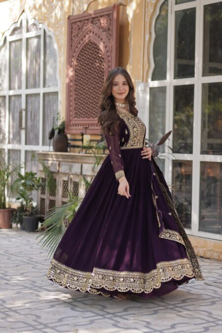 Women's Luxurious Plum Velvet Anarkali Gown with Heavy Gold Zari & Sequin Embroidery β Perfect for Weddings & Grand Festivities