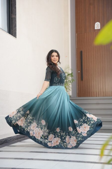 Women's Elegant Teal & Aqua Ombre Gown with Floral Printed Flair & Embellished Bodice β Perfect for Summer Festivities & Parties