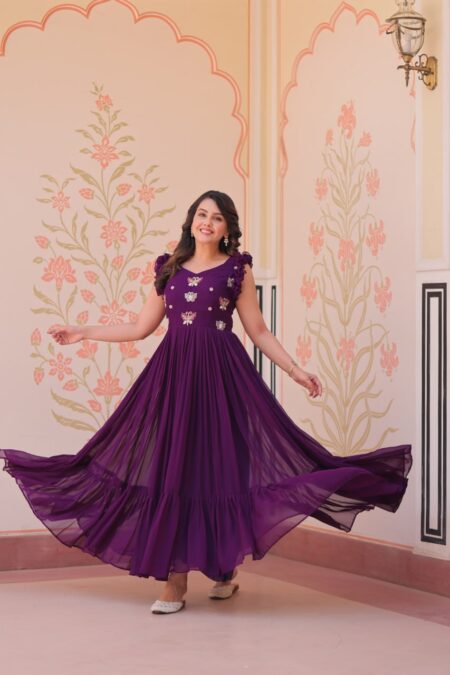Women's Elegant Plum Purple Georgette Anarkali Gown with Butterfly Applique & Ruffle Sleeves β Festive & Special Occasion Wear